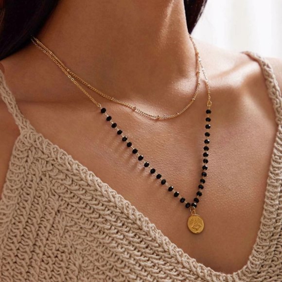 Jewelry - 5 for $25 Layered Black Bead Gold Chain Necklace